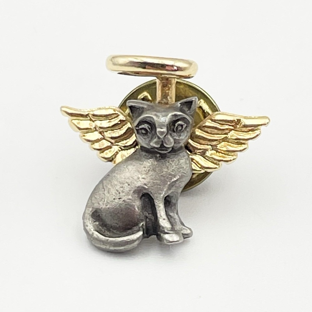 Vintage CATCO Winged Cat Angel Lapel Pin Gold Tone Silver Tone 0.75" Heavenly